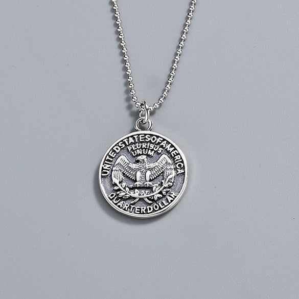 Wholesale Jewelry Geometric Style Eagle Coin 925 Silver Electroplated Bead Chain Necklace For Men And Women