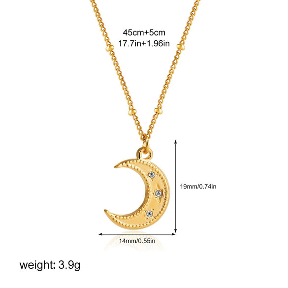 Wholesale Jewelry Geometric Style Stainless Steel Ball Chain Necklace With 18K Gold Plated Electroplating And Zircon Inlaid Moon Water Drop Pendant For Women