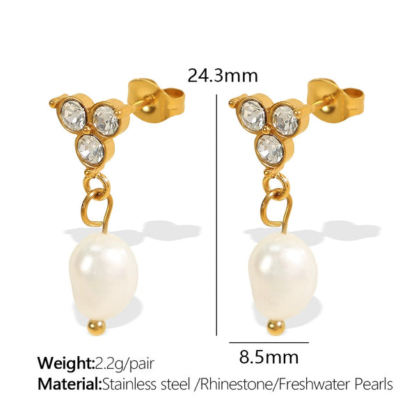 Wholesale Jewelry Geometric Style 316L Stainless Steel Plated 18K Gold Freshwater Pearl And Diamond Earrings For Women