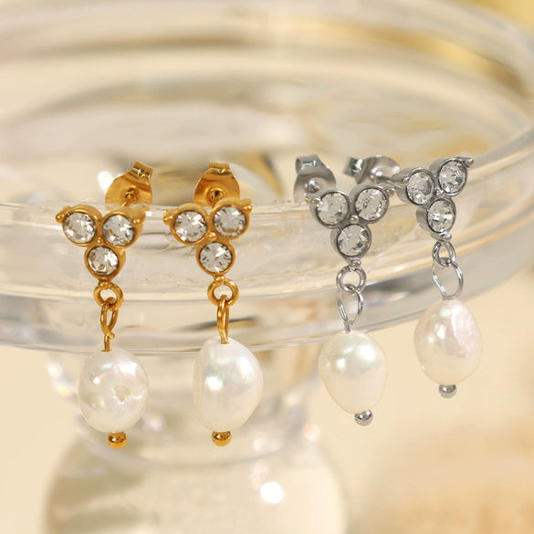 Wholesale Jewelry Geometric Style 316L Stainless Steel Plated 18K Gold Freshwater Pearl And Diamond Earrings For Women