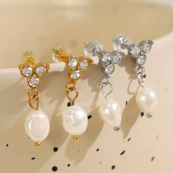 Wholesale Jewelry Geometric Style 316L Stainless Steel Plated 18K Gold Freshwater Pearl And Diamond Earrings For Women