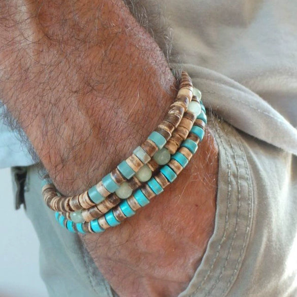 Wholesale Jewelry Geometric Wooden Beads Turquoise Coconut Shell Handmade Unisex Bracelet