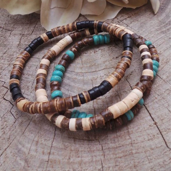 Wholesale Jewelry Geometric Wooden Beads Turquoise Coconut Shell Handmade Unisex Bracelet