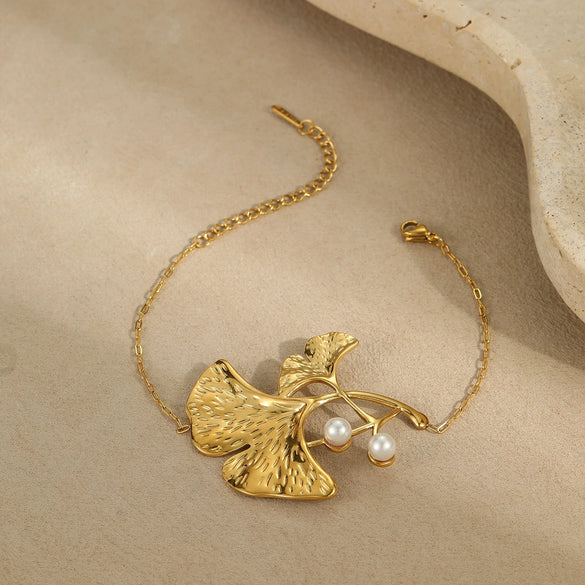 Wholesale Jewelry Ginkgo Leaf Exaggerated Style Stainless Steel Earrings And Ring Set With Electroplating