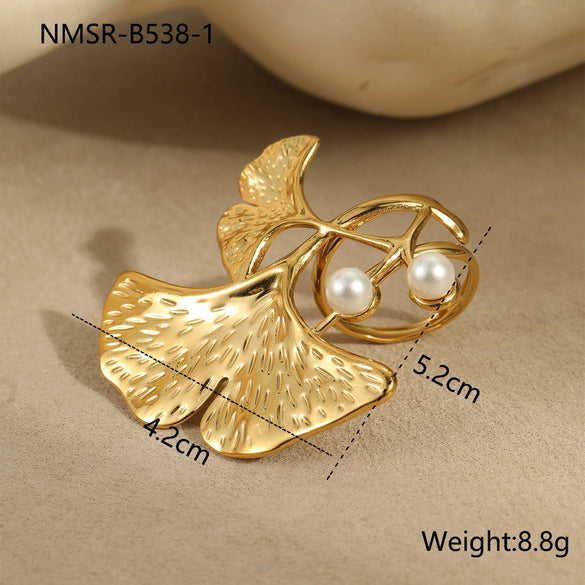 Wholesale Jewelry Ginkgo Leaf Exaggerated Style Stainless Steel Earrings And Ring Set With Electroplating