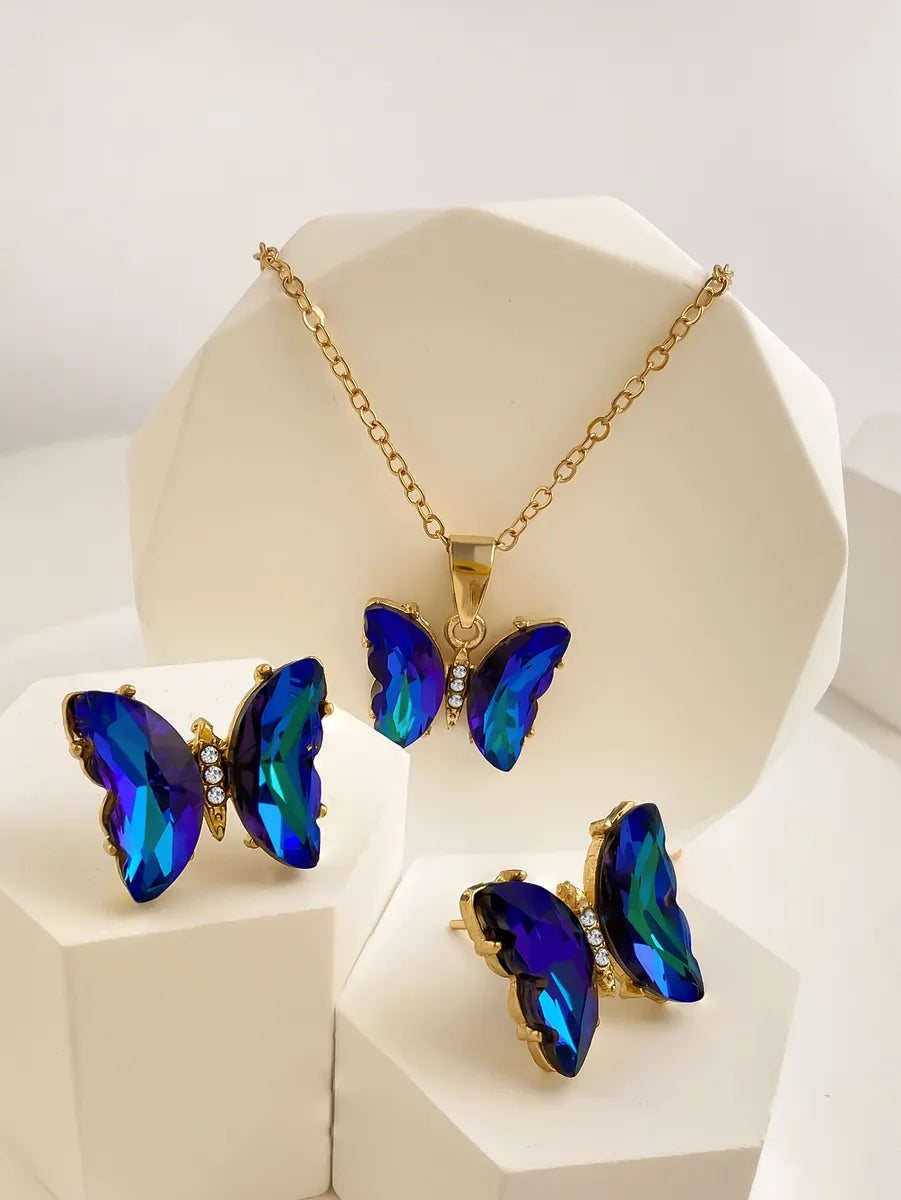 Wholesale Jewelry Glam Luxurious Butterfly Alloy Artificial Gemstones Inlay Earrings Necklace