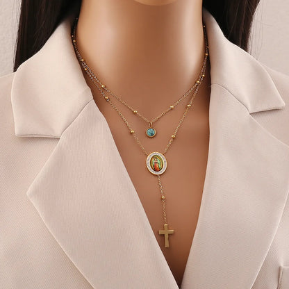 Wholesale Jewelry Glam Luxurious Cross 304 Stainless Steel Turquoise 18K Gold Plated Inlay Earrings Necklace