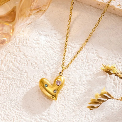 Wholesale Jewelry Glam Simple Style Artistic Heart Shape 304 Stainless Steel Artificial Rhinestones 18K Gold Plated Plating Pendant Necklace