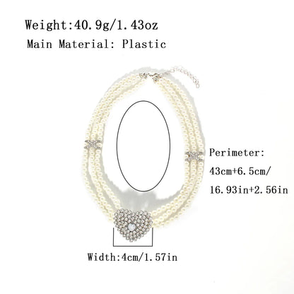 Wholesale Jewelry Glam Sweet Heart Shape Imitation Pearl Zinc Alloy Rhinestones Silver Plated Beaded Inlay Necklace