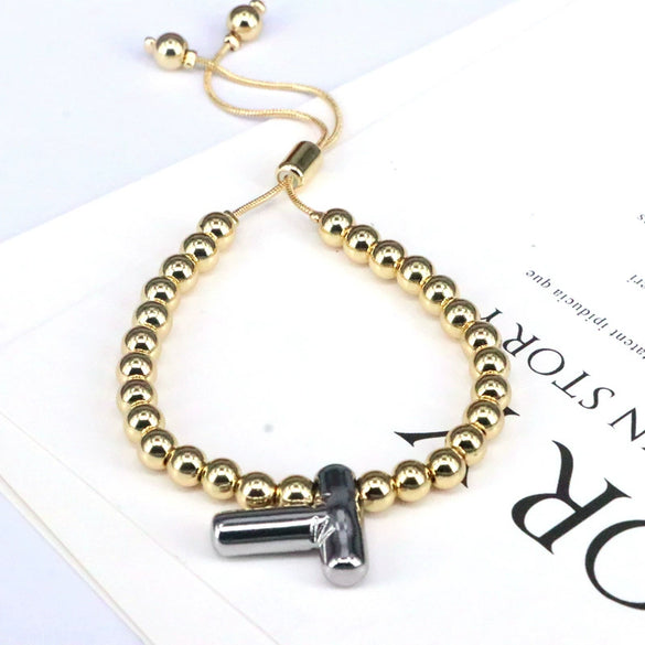 Wholesale Jewelry Gold Plated Beaded Balloon Initial Charm Adjustable Bracelet With Letters Numbers Text