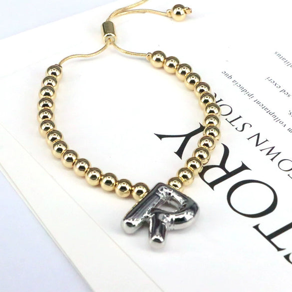 Wholesale Jewelry Gold Plated Beaded Balloon Initial Charm Adjustable Bracelet With Letters Numbers Text