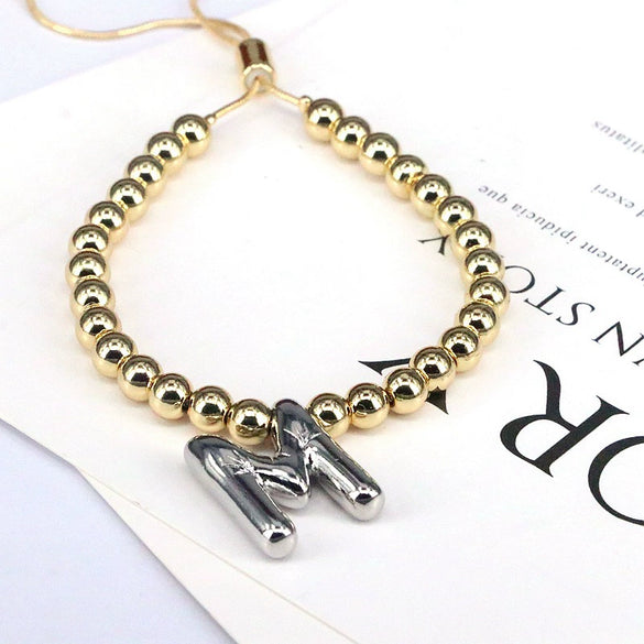Wholesale Jewelry Gold Plated Beaded Balloon Initial Charm Adjustable Bracelet With Letters Numbers Text
