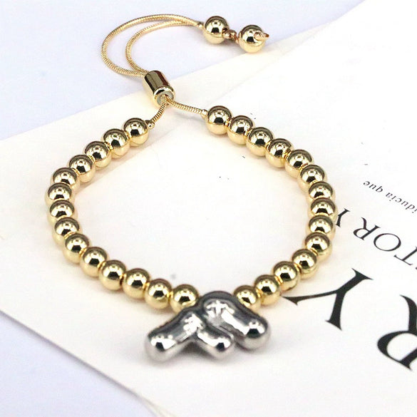 Wholesale Jewelry Gold Plated Beaded Balloon Initial Charm Adjustable Bracelet With Letters Numbers Text
