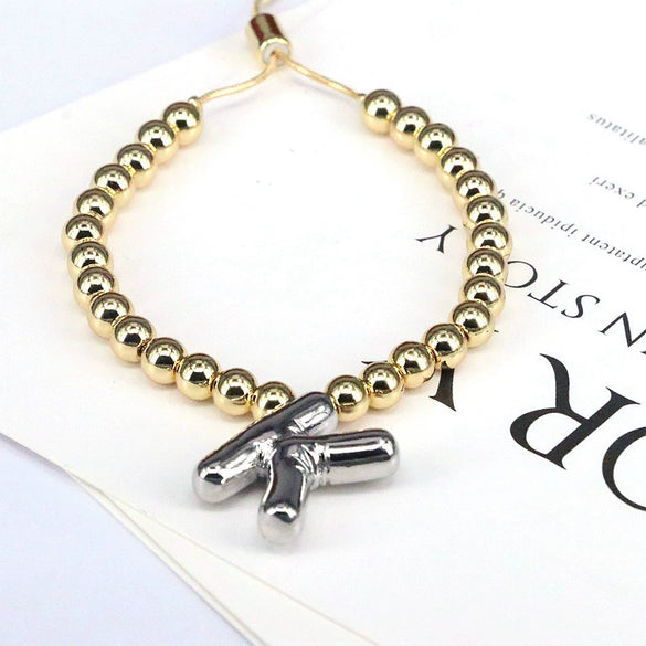 Wholesale Jewelry Gold Plated Beaded Balloon Initial Charm Adjustable Bracelet With Letters Numbers Text