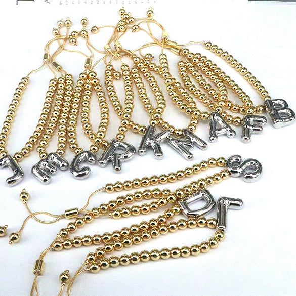 Wholesale Jewelry Gold Plated Beaded Balloon Initial Charm Adjustable Bracelet With Letters Numbers Text