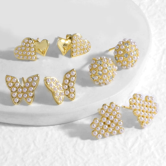 Wholesale Jewelry Gold Plated Copper Heartshaped Butterfly Pearl Earrings Electroplated Unisex Simple Style