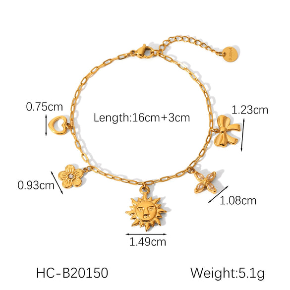 Wholesale Jewelry Goldplated Stainless Steel Heart Shape Geometric Bow Flower Cut Out Pendant Bracelet For Women