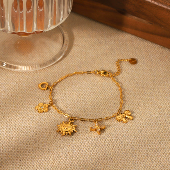 Wholesale Jewelry Goldplated Stainless Steel Heart Shape Geometric Bow Flower Cut Out Pendant Bracelet For Women