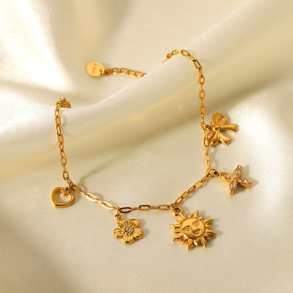 Wholesale Jewelry Goldplated Stainless Steel Heart Shape Geometric Bow Flower Cut Out Pendant Bracelet For Women