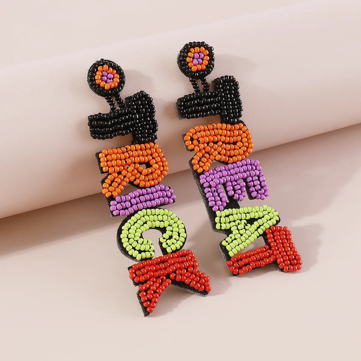 Wholesale Jewelry Gothic Cool Style Letter Pu Leather Seed Bead Asymmetrical Beaded Drop Earrings