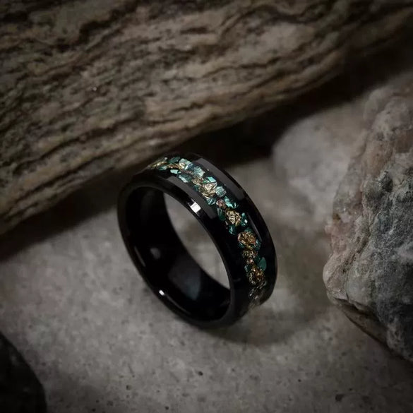 Wholesale Jewelry Green Coral Fragments Gold Foil Embellishment Stainless Steel Ring