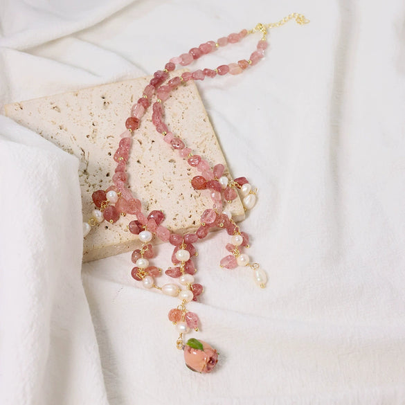Wholesale Jewelry Handmade Geometric Copper 925 Silver Strawberry Crystal Pearl Clavicle Necklace For Women