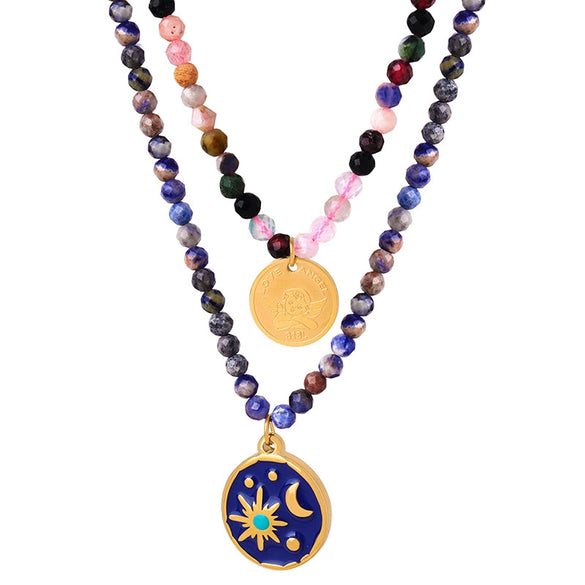 Wholesale Jewelry Handmade Natural Stone And Stainless Steel Pendant Necklace With Geometric Pattern For Women