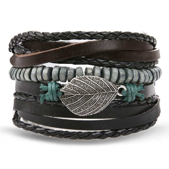 Wholesale Jewelry Handwoven Retro Feather Nameplate Artificial Leather Men's Bracelet