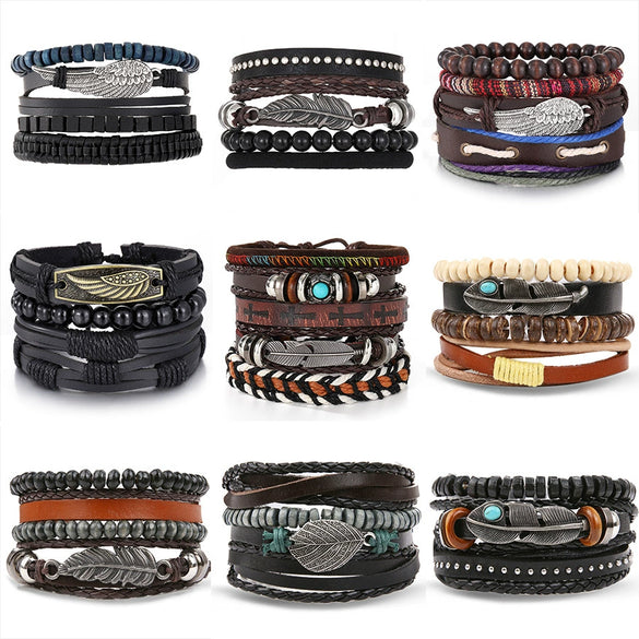 Wholesale Jewelry Handwoven Retro Feather Nameplate Artificial Leather Men's Bracelet