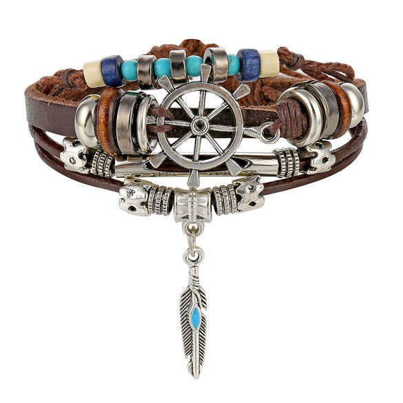 Wholesale Jewelry Handwoven Retro Feather Nameplate Artificial Leather Men's Bracelet