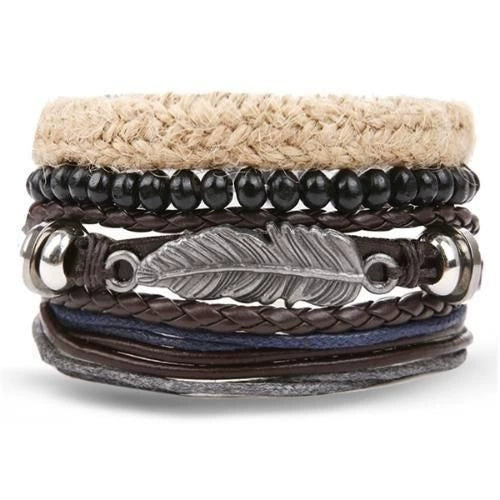 Wholesale Jewelry Handwoven Retro Feather Nameplate Artificial Leather Men's Bracelet
