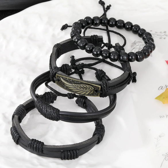 Wholesale Jewelry Handwoven Retro Feather Nameplate Artificial Leather Men's Bracelet