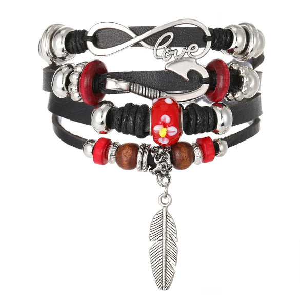 Wholesale Jewelry Handwoven Retro Feather Nameplate Artificial Leather Men's Bracelet