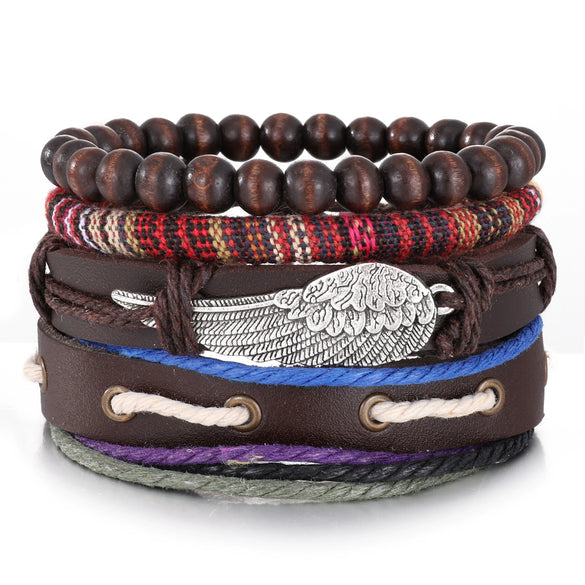 Wholesale Jewelry Handwoven Retro Feather Nameplate Artificial Leather Men's Bracelet