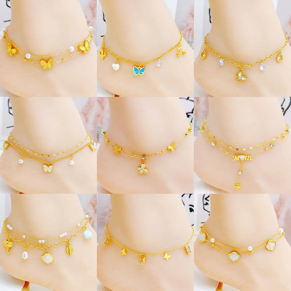 Wholesale Jewelry Hawaiian Vacation Beach Butterfly Shell Stainless Steel Acrylic Pearl Zircon 18K Gold Plated Handmade Plating Anklet