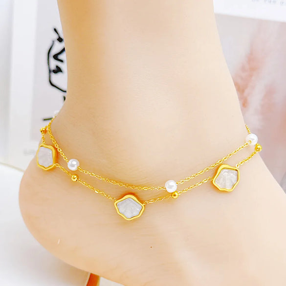 Wholesale Jewelry Hawaiian Vacation Beach Butterfly Shell Stainless Steel Acrylic Pearl Zircon 18K Gold Plated Handmade Plating Anklet