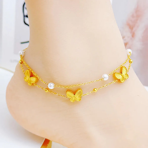 Wholesale Jewelry Hawaiian Vacation Beach Butterfly Shell Stainless Steel Acrylic Pearl Zircon 18K Gold Plated Handmade Plating Anklet
