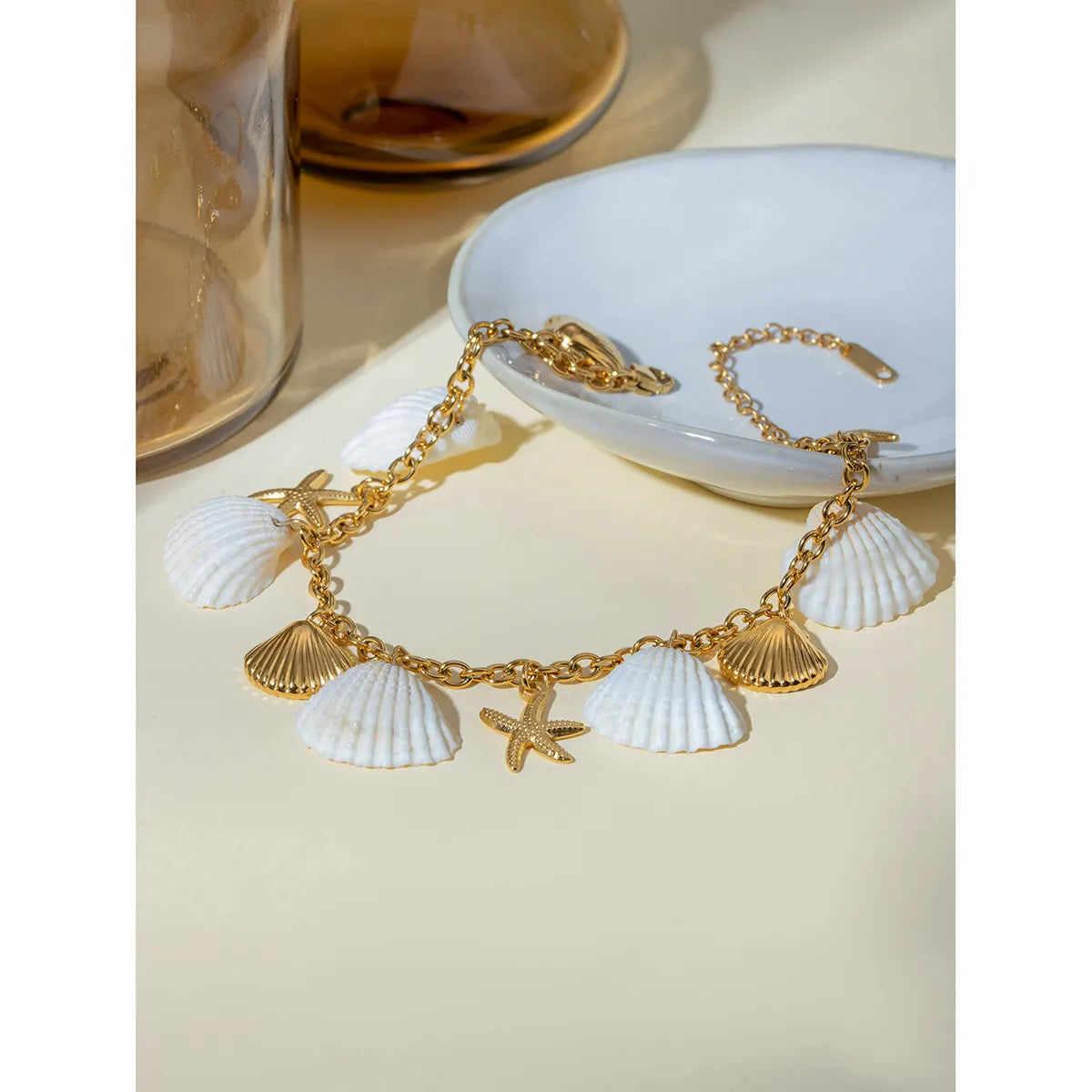 Wholesale Jewelry Hawaiian Vacation Tropical Starfish 304 Stainless Steel Shell 18K Gold Plated Inlay Anklet