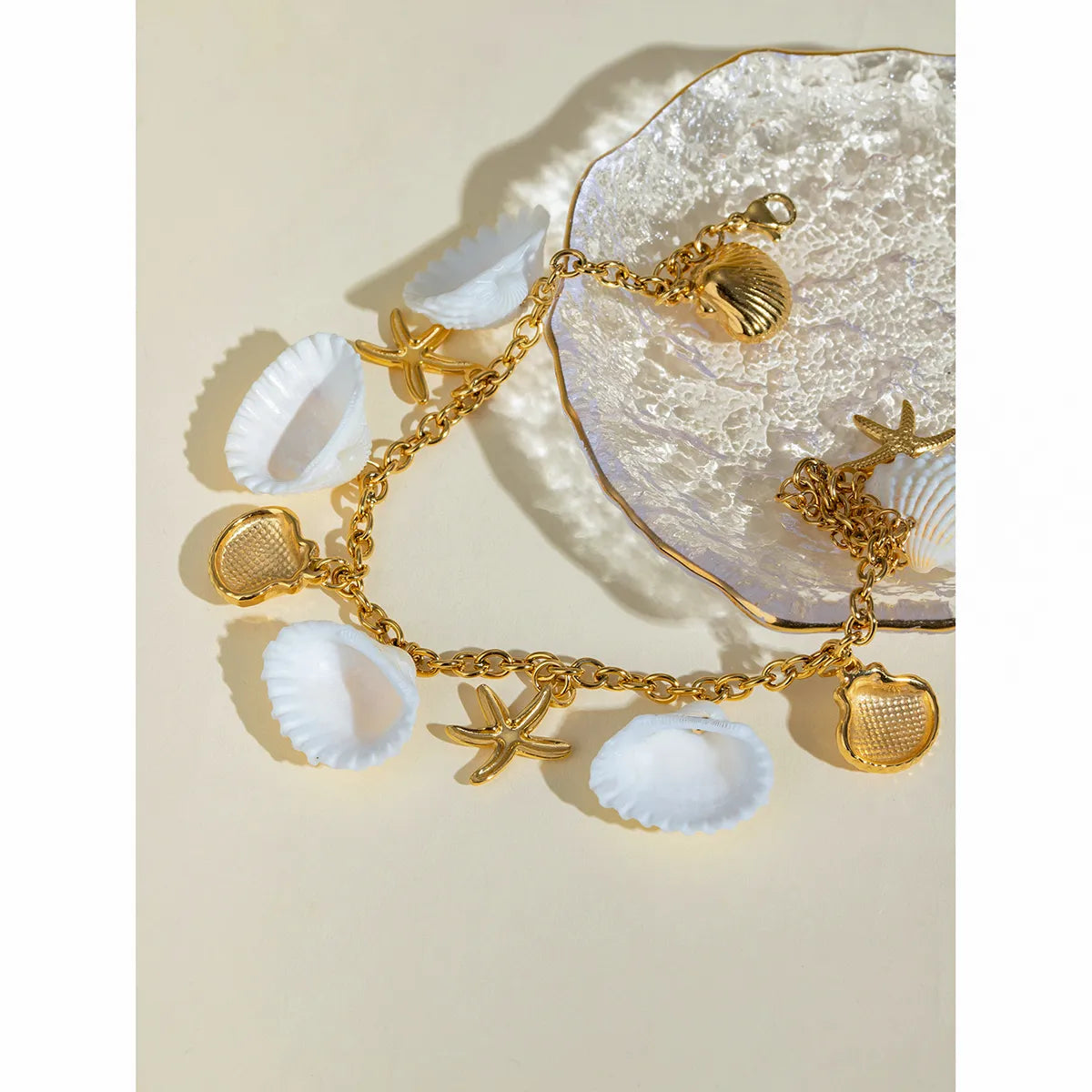 Wholesale Jewelry Hawaiian Vacation Tropical Starfish 304 Stainless Steel Shell 18K Gold Plated Inlay Anklet