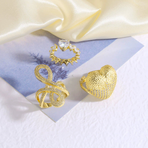 Wholesale Jewelry Heart Shaped Copper Ring Plated Real Gold With Zircon And Geometric Pattern