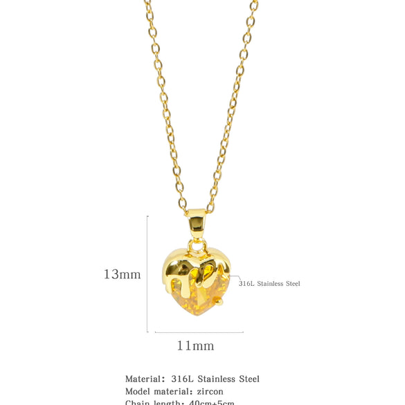 Wholesale Jewelry Heart Shaped Stainless Steel Crystal Clavicle Chain With Zircon And Fruit Food Style Electroplated