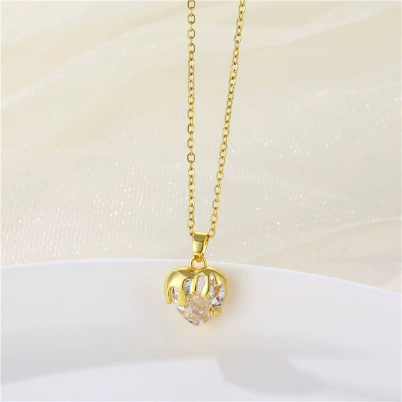 Wholesale Jewelry Heart Shaped Stainless Steel Crystal Clavicle Chain With Zircon And Fruit Food Style Electroplated