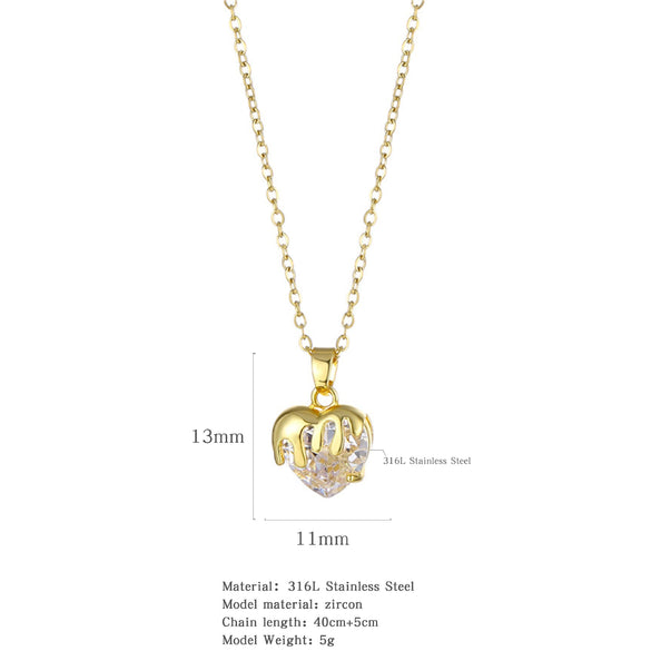 Wholesale Jewelry Heart Shaped Stainless Steel Crystal Clavicle Chain With Zircon And Fruit Food Style Electroplated