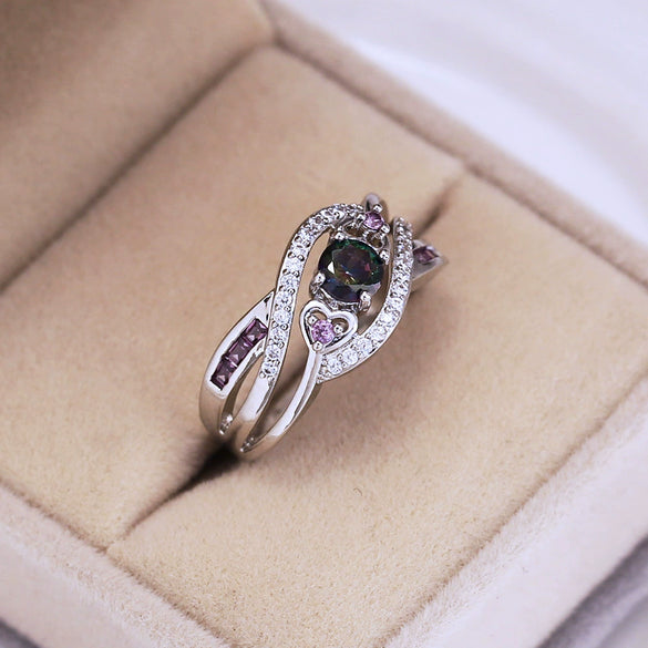 Wholesale Jewelry Heartshaped Amethyst Copper Ring Set With Zircon Platinumplated