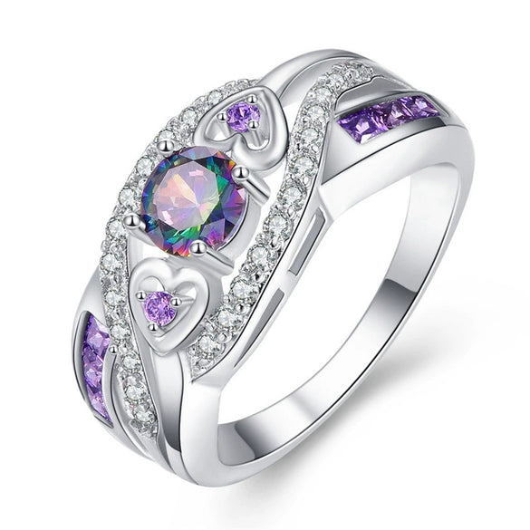 Wholesale Jewelry Heartshaped Amethyst Copper Ring Set With Zircon Platinumplated