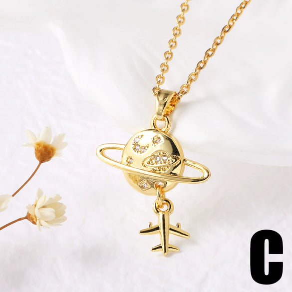 Wholesale Jewelry Heartshaped Copper Geometric Airplane Pendant Necklace With Electroplating