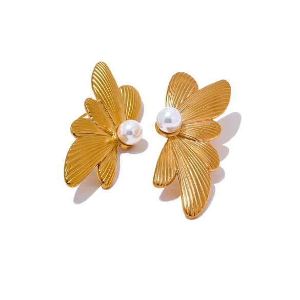 Wholesale Jewelry High Sense Niche Exaggerated Pearl Stainless Steel Geometric Butterfly Wings Electroplated Earrings For Ladies