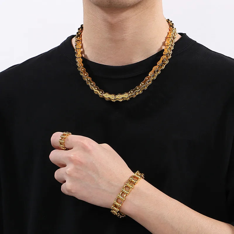 Wholesale Jewelry Hip-Hop Geometric Solid Color 304 Stainless Steel 18K Gold Plated Rings Necklace