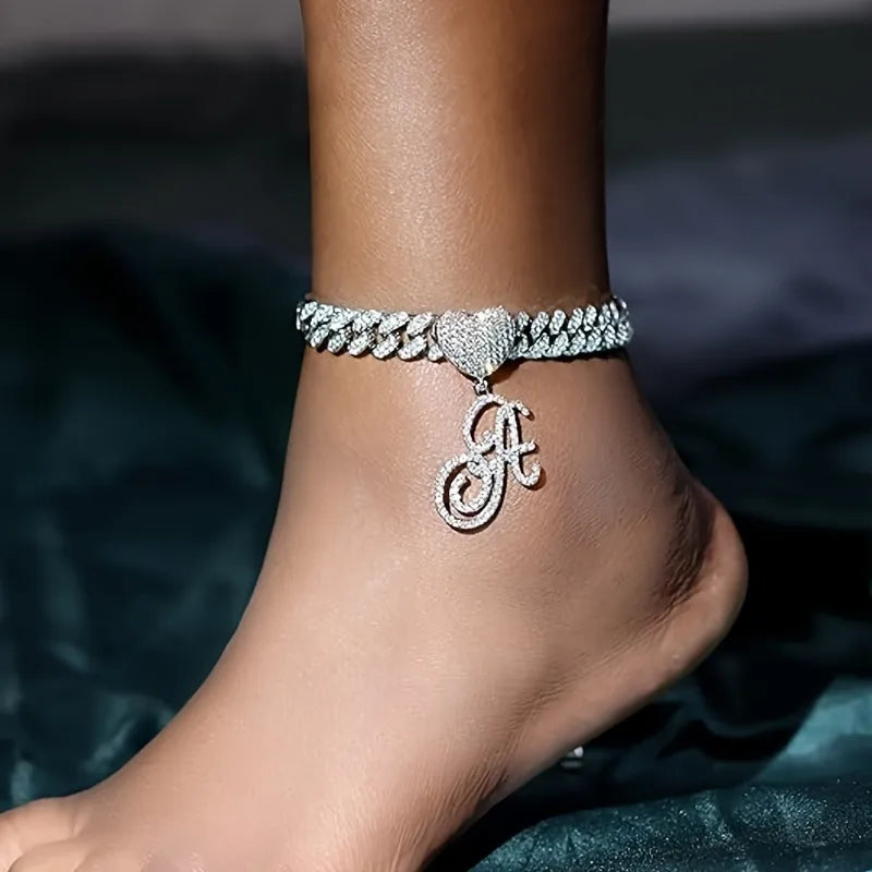 1PC Wholesale Jewelry Customized Hip-Hop Silver Full Diamond Name Letters Foot Chain Jewelry Women Luxurious Rock Personal Initials Letter Alloy Rhinestones Inlay Anklet Gold Jewelry