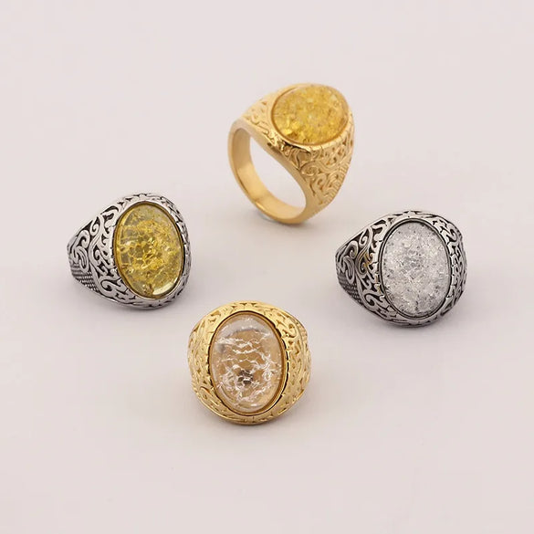 Wholesale Jewelry Hip-Hop Oval 304 Stainless Steel Natural Stone 18K Gold Plated Inlay Rings